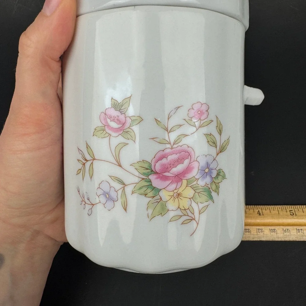 1Vtg 80s FTDA White Ceramic Floral Canister Jar w Lid Spoon Holder Tabletop READ